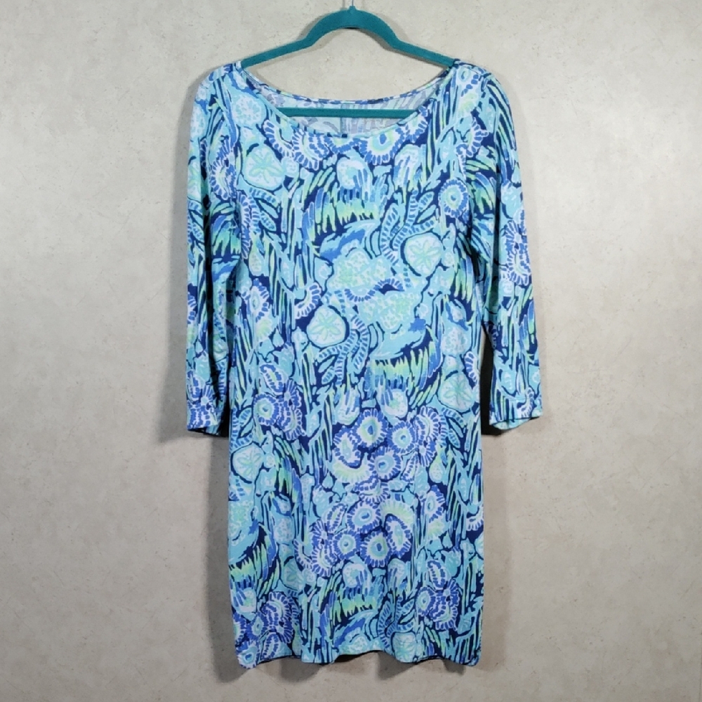 H166 Lilly Pulitzer Marlow Indigo Sunset Print half sleeve dress S NEW